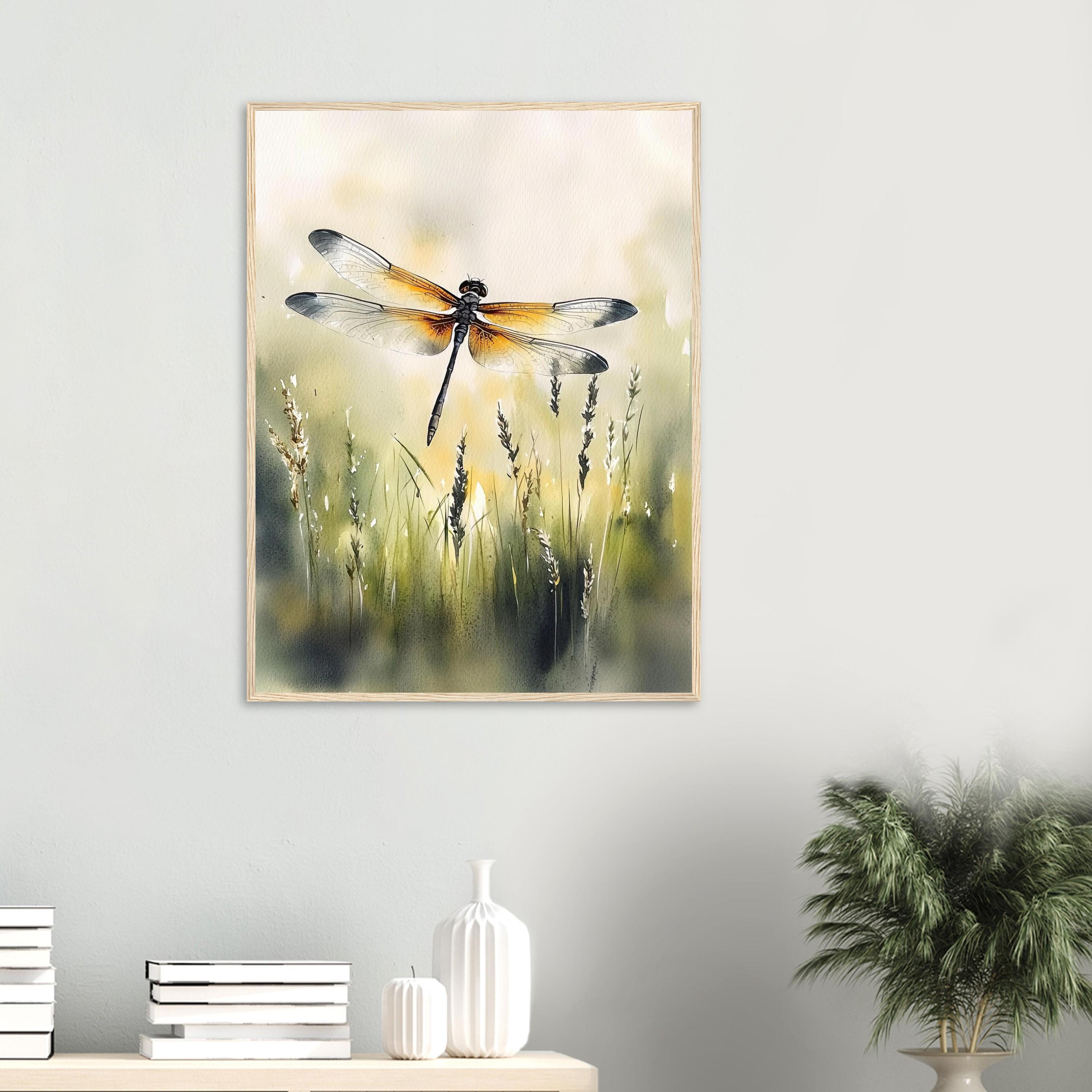 トンボの水彩画プリント：水彩画の昆虫の壁掛けアート、植物画、草原の
