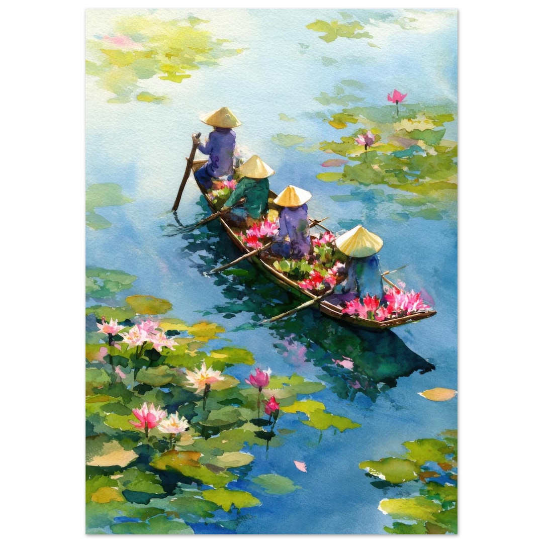 ベトナムの蓮池の水彩画プリント：アジアの壁掛けアート、ベトナム人