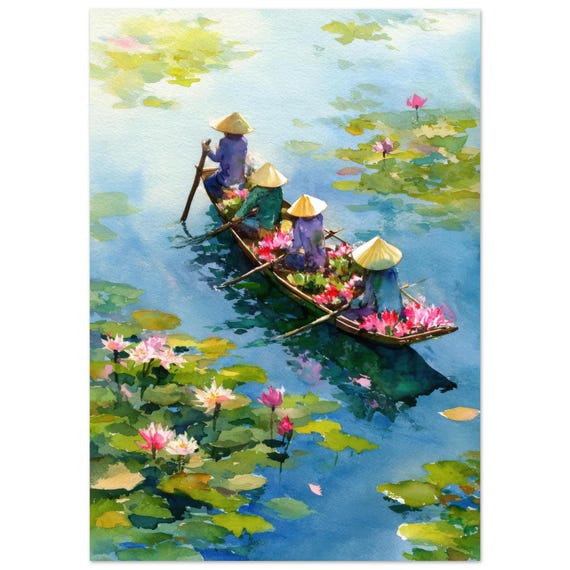 ベトナム木製 壁掛絵画 ベトナムの蓮池の水彩画プリント：アジアの壁掛けアート、ベトナム人