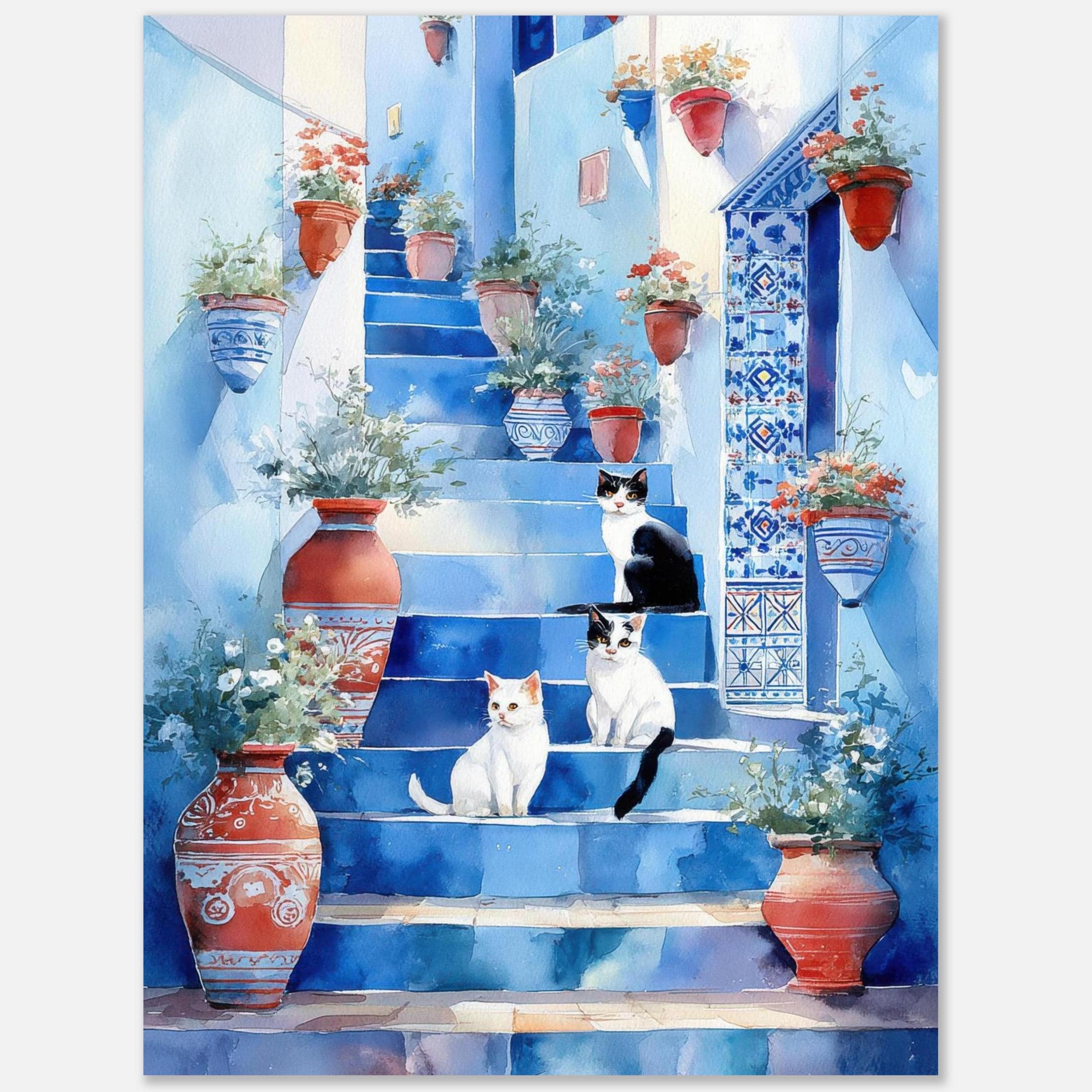 モロッコの猫のアートプリント：シェフシャウエンの青い階段、水彩画