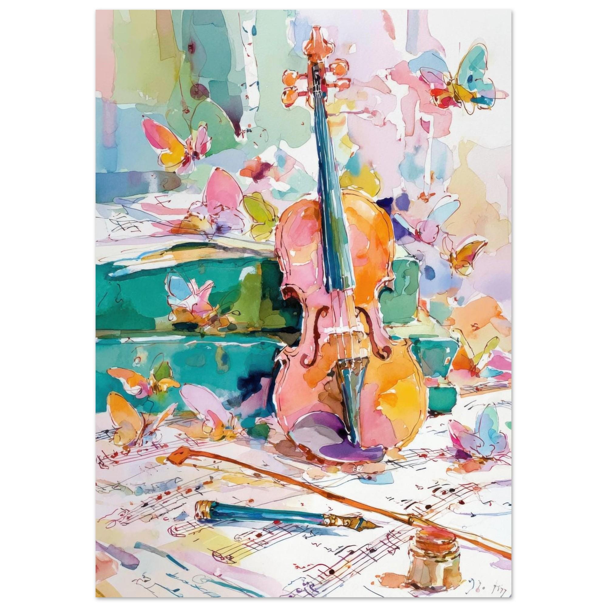 バイオリンと蝶の水彩画プリント：印象派風の音楽室の壁掛けアート