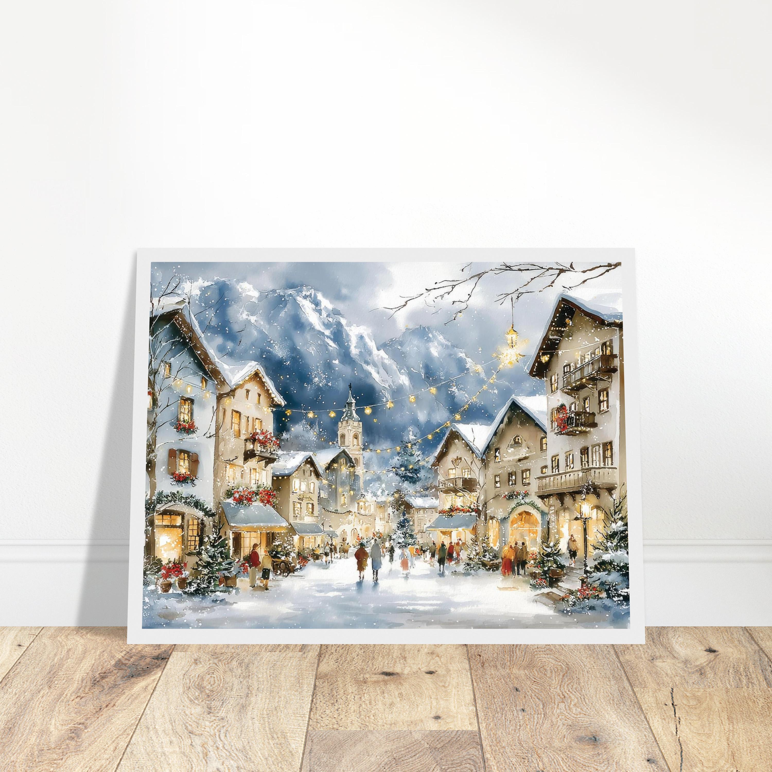 Zermatt Switzerland Watercolor Art Print: Snowy Alpine Village