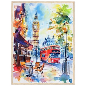London Street Watercolor Painting PRINT Big Ben Red Bus Cityscape Wall Art Print London Travel Poster England Artwork by NataliaAyuArt
