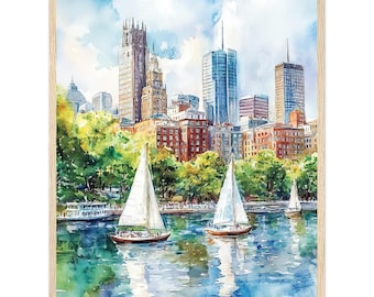 Boston Harbor Watercolor Painting Style PRINT Boston Sailing Boats Skyline Wall Art Print Boston Cityscape Artwork by NataliaAyuArt