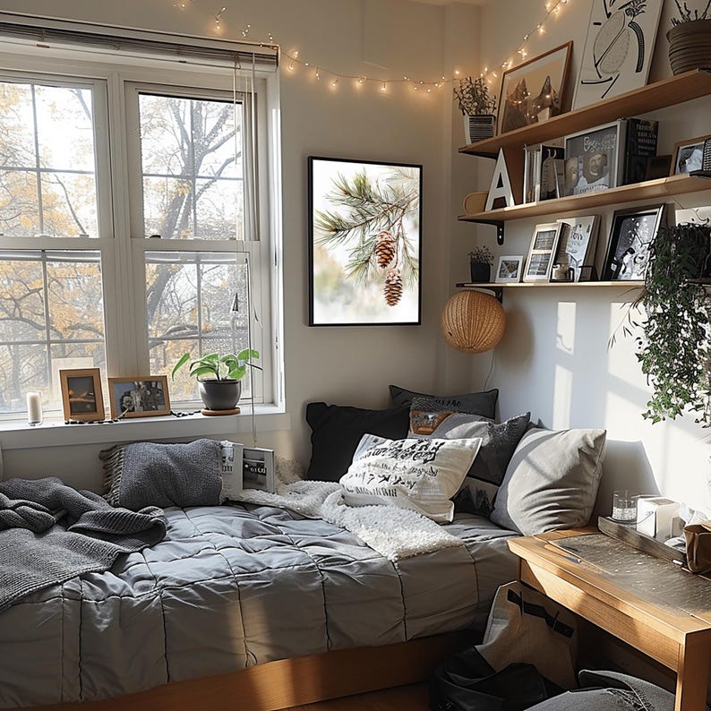 May include: A cozy bedroom with a gray bed, a white throw blanket, and a framed print of a pine branch with pine cones. The room has a wooden desk with a lamp and a shelf with various framed photos and plants.