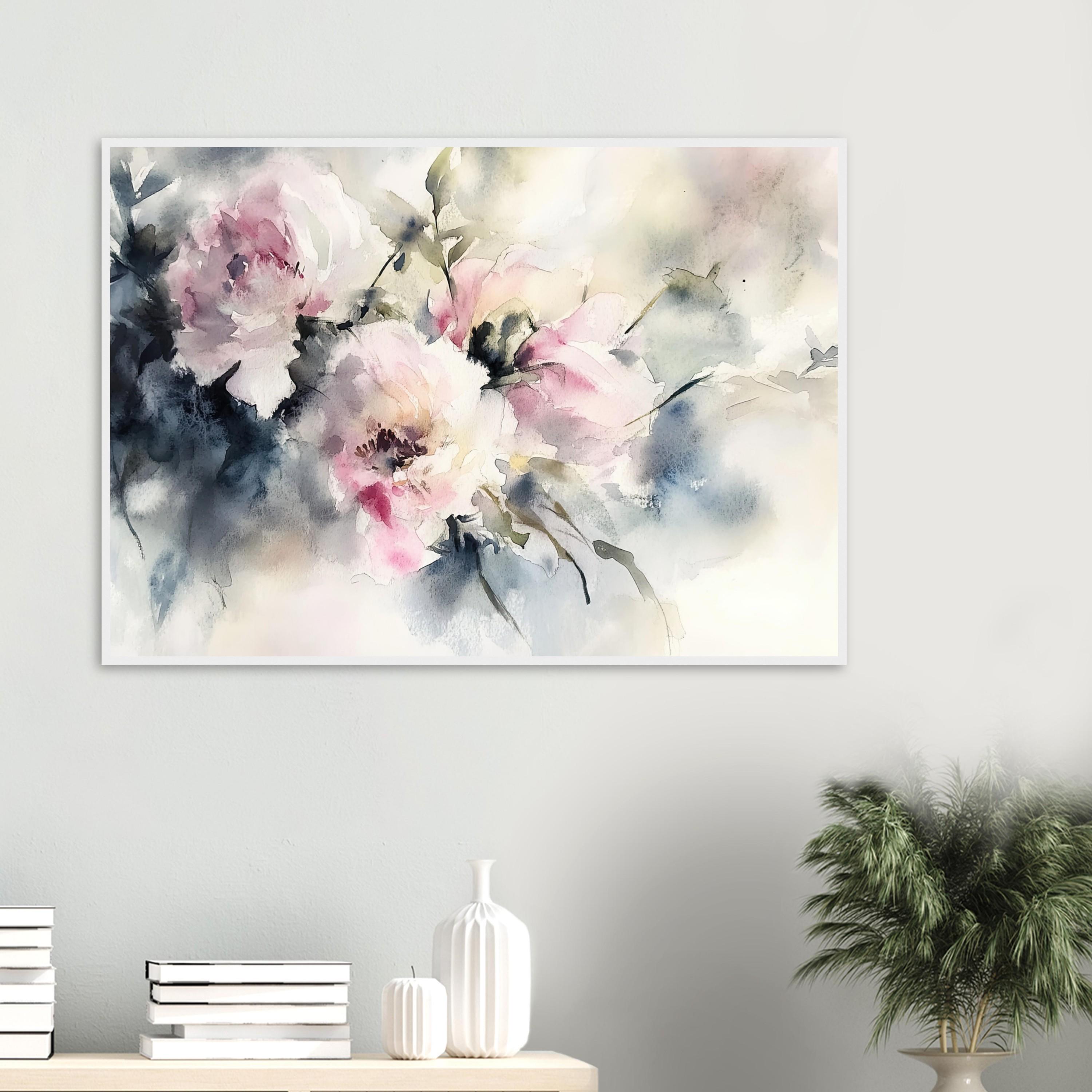 パステル調の牡丹の水彩画プリント：抽象的な花柄のキャンバスアート