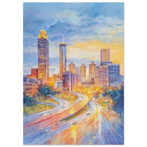 Atlanta Georgia Watercolor Painting Print Urban Skyline Wall Art Print Dusk Highway Scene Artwork Atlanta Sunset Canvas  by NataliaAyuArt