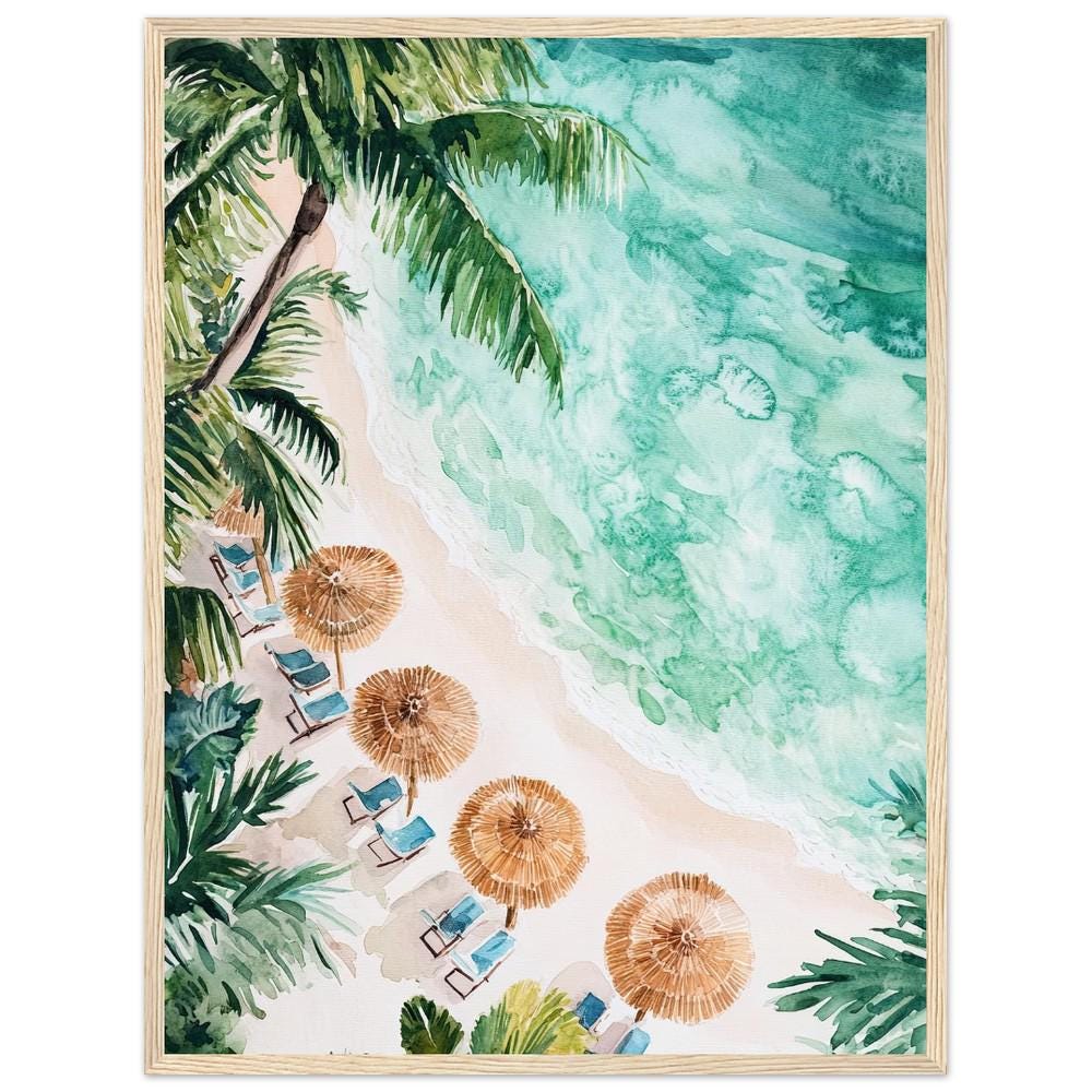 Maldives Beach Watercolor Painting PRINT Tropical Paradise Aerial View Wall Art Print Palm Beach Maledives Travel Poster by NataliaAyuArt