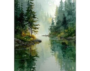Acadia National Park Watercolor Print: Misty Pine Forest Artwork, Eagle Lake Wall Art