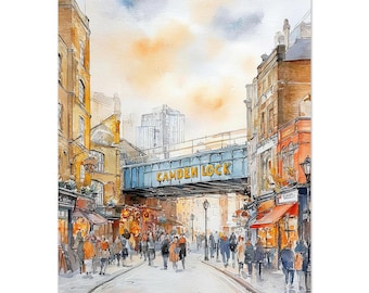 Camden Lock London Watercolor Print: UK Iconic Market Street Scene Wall Art – Urban Travel Artwork