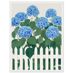 Blauwe hortensia aquarel schilderij print Nantucket hortensia's muur kunst print elegante bloemen kunst wit houten hek artwork door NataliaAyuArt