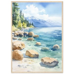 Lake Tahoe Watercolor Painting Print Serene Shoreline Wall Art Print Rocky Beach Snowy Mountains Canvas Artwork by NataliaAyuArt