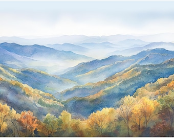 Smoky Mountains Art Print, Blue Ridge Mountains Watercolor Style, Appalachian Autumn Landscape Poster, Mountain Valley Wall Art