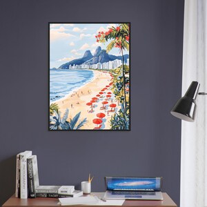 May include: A painting of a beach scene with red umbrellas and palm trees. The beach is lined with buildings and mountains in the background. The sky is blue with white clouds.
