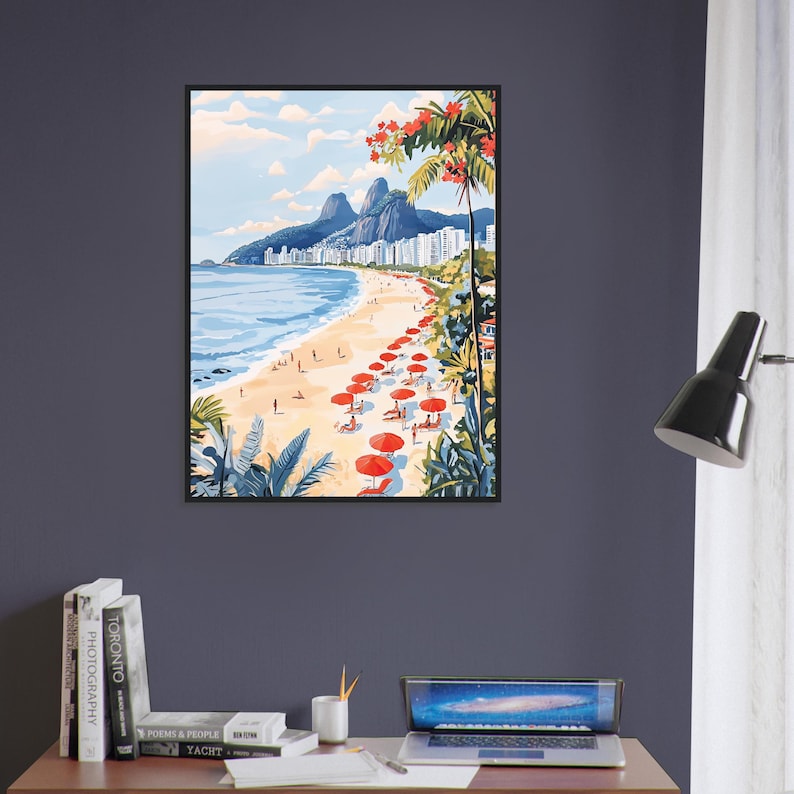 May include: A painting of a beach scene with red umbrellas and palm trees. The beach is lined with buildings and mountains in the background. The sky is blue with white clouds.