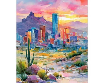 Stampa ad acquerello dello skyline di Phoenix: tramonto nel deserto dell'Arizona, opera d'arte da parete.