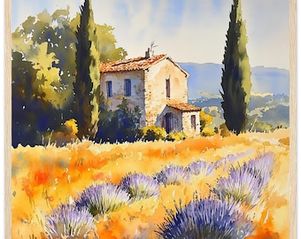 Lavender Fields of Provence Art Print: French Countryside Watercolor Style Poster