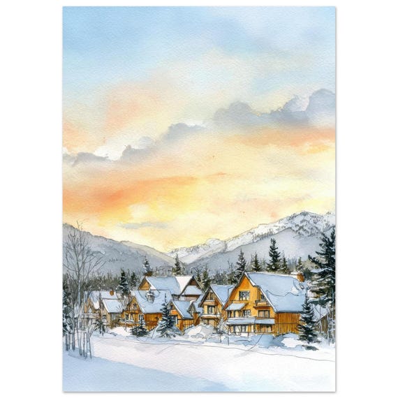 Steamboat Springs Winter Village Watercolor Art Print: Snowy