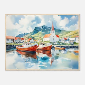 Stampa acquerello del villaggio islandese Città di Vik Stampa artistica da parete Barche da pesca Paesaggio estivo islandese Tela artistica di NataliaAyuArt