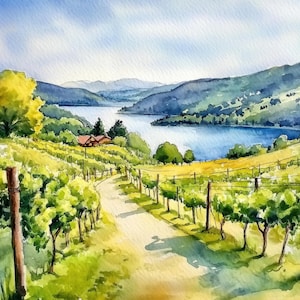 Keuka Lake Vineyard Watercolor Painting PRINT Finger Lakes Wall Art Print Summer Landscape Wall Art Lake Wine Country Decor by NataliaAyuArt