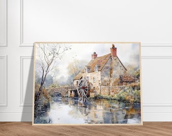 コッツウォルズのアートプリント：水車小屋の水彩画、イギリスの田園
