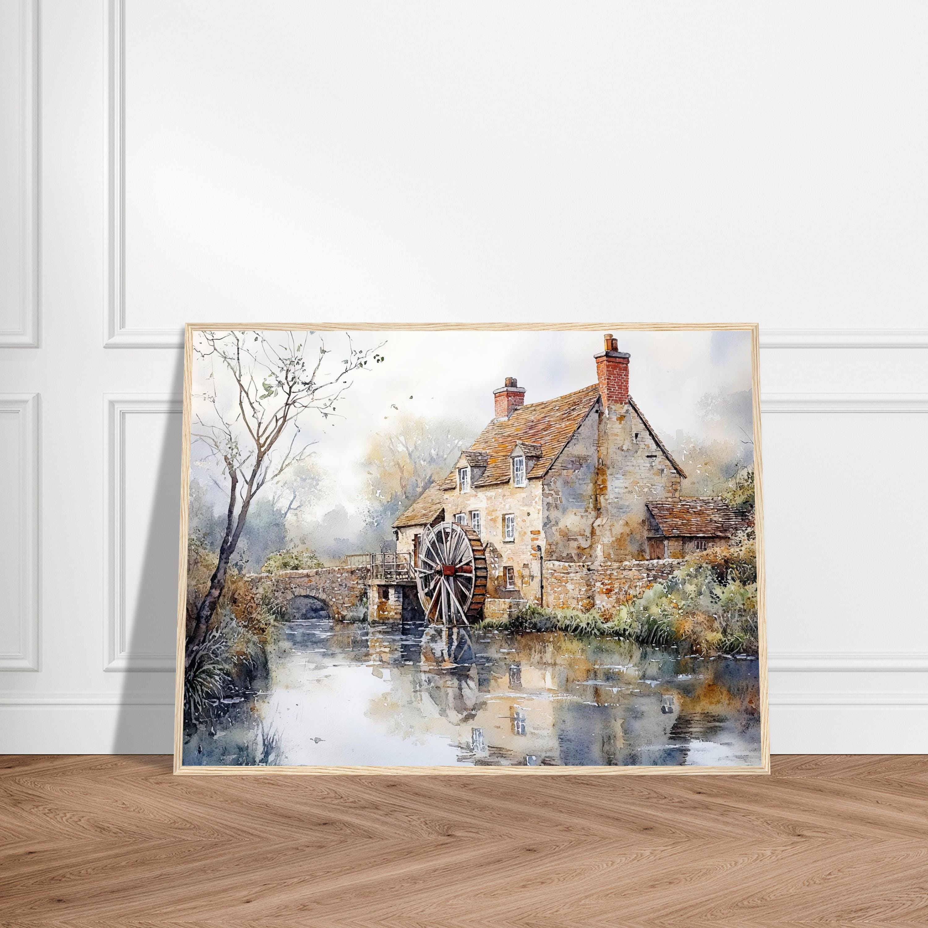 コッツウォルズのアートプリント：水車小屋の水彩画、イギリスの田園