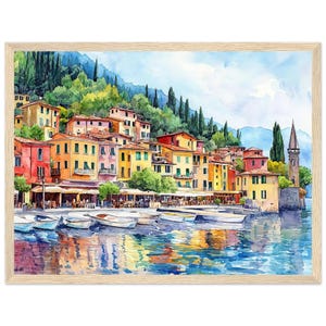 Lake Como Village Watercolor Painting PRINT Italy Wall Art Print Italy Mediterranean Lakesid Vibrant Coastal Town Italy Art by NataliaAyuArt