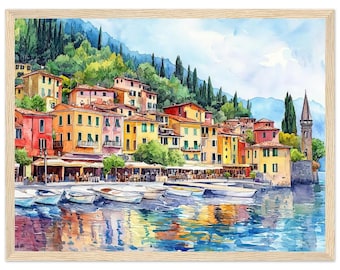 Lake Como Village Watercolor Painting PRINT Italy Wall Art Print Italy Mediterranean Lakesid Vibrant Coastal Town Italy Art by NataliaAyuArt