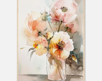 水彩画の花束、花瓶に描かれた庭の花の絵、色とりどりの花束、女性への