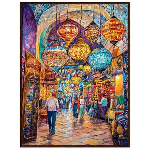 May include: A colorful painting of a bustling marketplace with hanging lanterns. The lanterns are made of glass and have intricate designs. The painting is done in a vibrant style with bright colors and bold strokes.