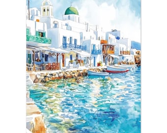 Paros Island Watercolor Print: Greek Coastal Village Art, Cyclades Canvas