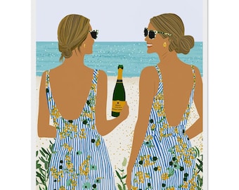 Beach Girls Art Print: Champagne Artwork, Summer Fashion Painting, Tropical Ocean View Decor Friends Gift