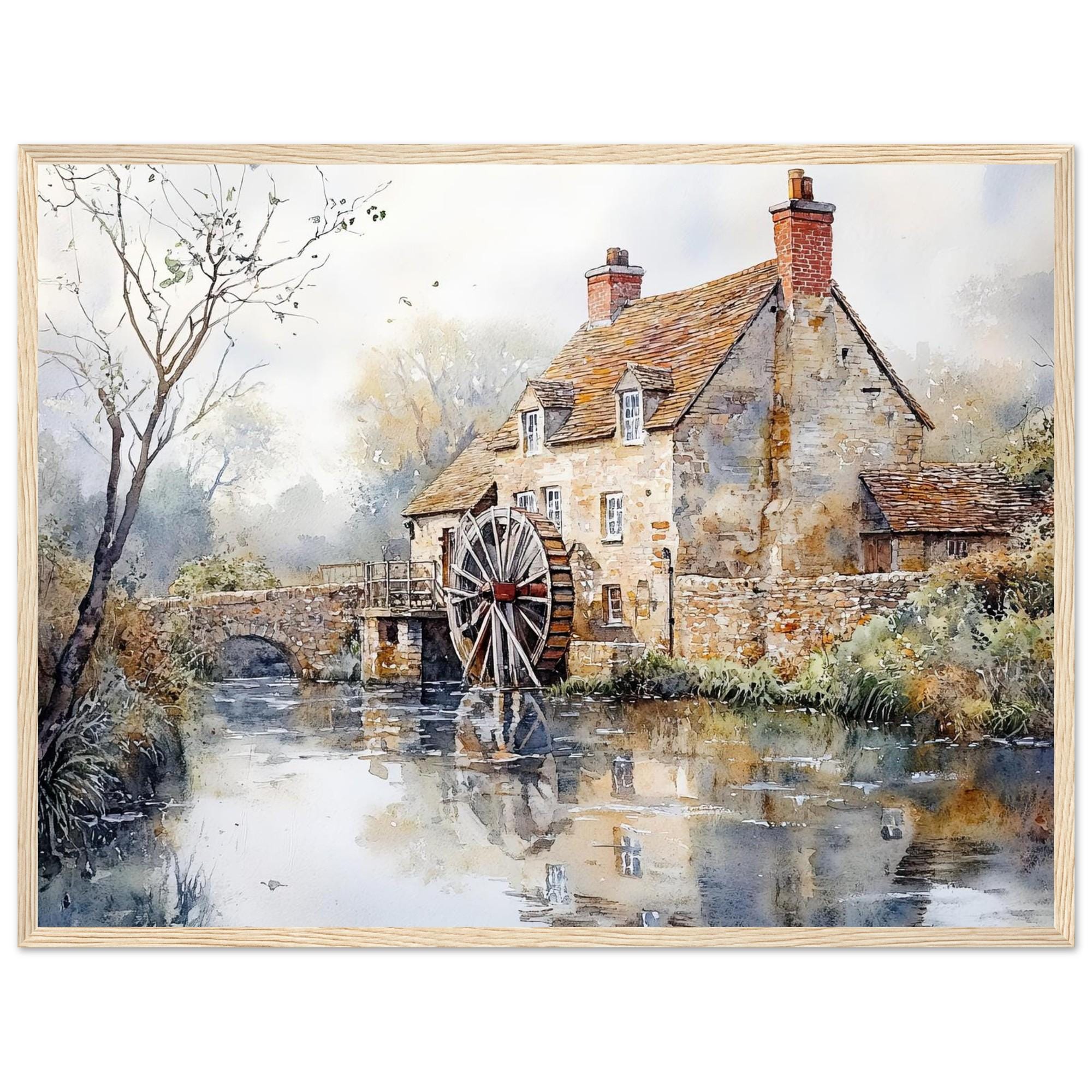 コッツウォルズのアートプリント：水車小屋の水彩画、イギリスの田園