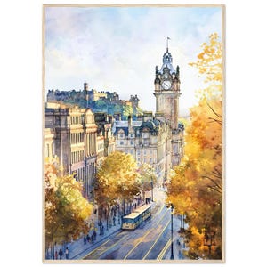 Impressão de arte de parede da paisagem urbana de Edimburgo Torre do relógio de Balmoral Pintura em aquarela Ruas de outono Edimburgo Escócia Cartaz de viagem por NataliaAyuArt