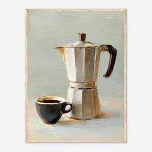 May include: An oil painting depicting a silver stovetop espresso maker and a black coffee cup filled with dark liquid. The espresso maker has a brown handle and top. The painting is set against a light blue background and framed in wood.