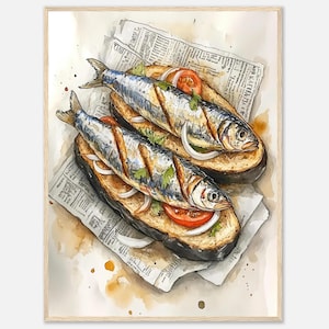 Grilled Sardine Sandwich Watercolor Art Print Delicious Open-Faced Sardine Sandwich Wall Art Print Kitchen Decor Food Art by NataliaAyuArt