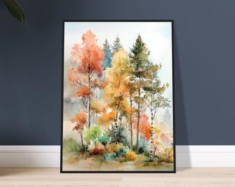 秋の森の水彩画：色鮮やかな秋の風景画アートプリント - Etsy 日本
