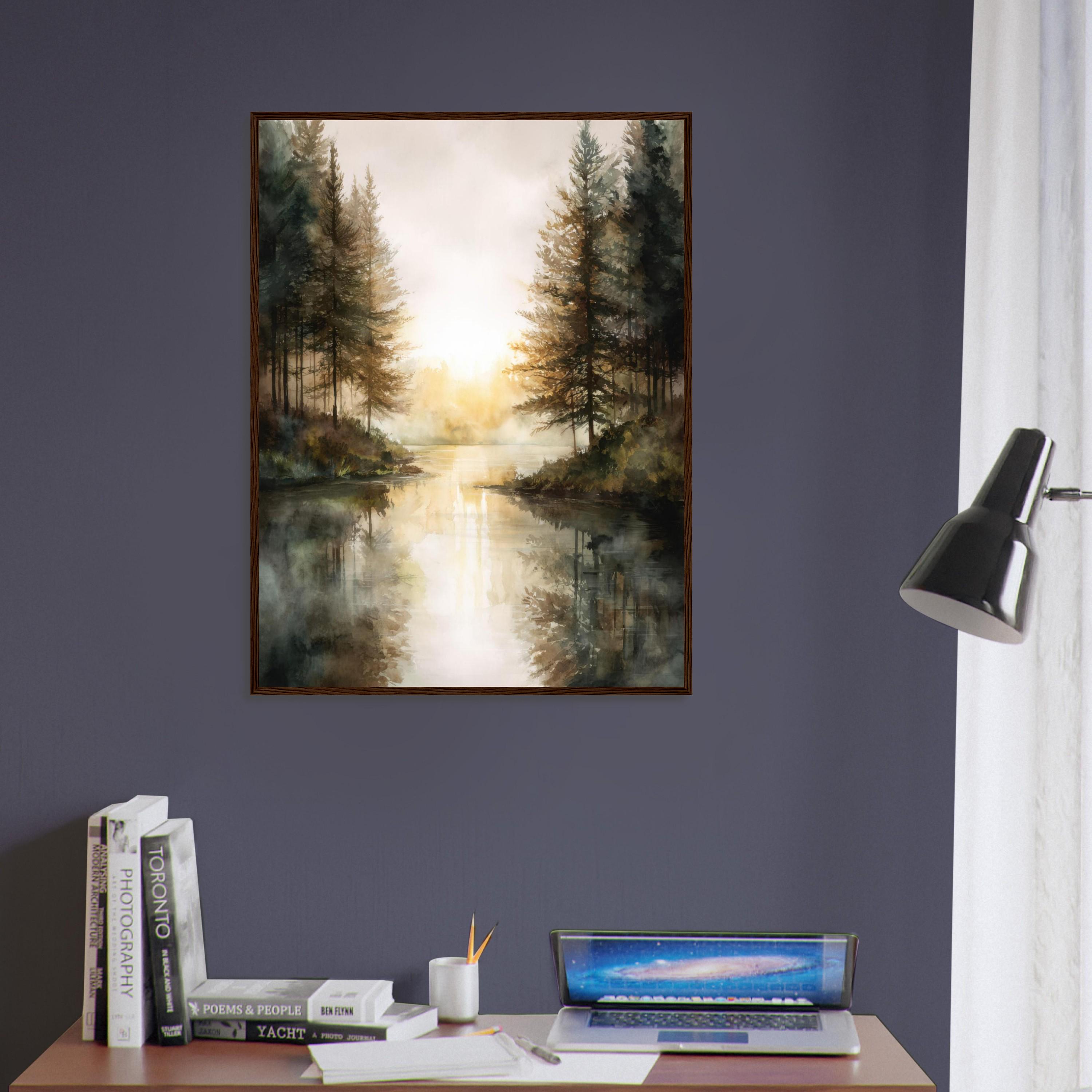 Misty Forest Lake Watercolor Print: Serene Sunrise Landscape Wall Art ...