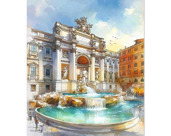 Trevi Fountain Watercolor Print: Rome Italy Travel Poster