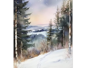 Snowy Forest Night Watercolor Painting Print: Winter Landscape Wall Art Pine Tree Starry Sky Canvas