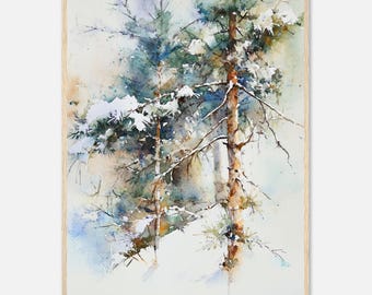 Snowy Pine Trees Watercolor Print: Winter Forest Wall Art  Evergreen Tree Watercolor, Rustic Cabin Decor, Nature Landscape Artwork