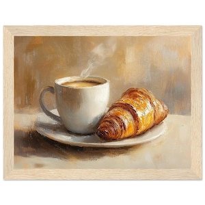 Impresión de pintura al óleo de café y croissant, bodegón de desayuno, impresión de arte de pared, escena de cafetería, arte de cocina, lienzo de NataliaAyuArt