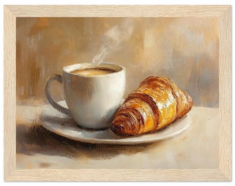 Coffee and Croissant Print: Breakfast Still Life Painting, Cafe Kitchen Wall Art