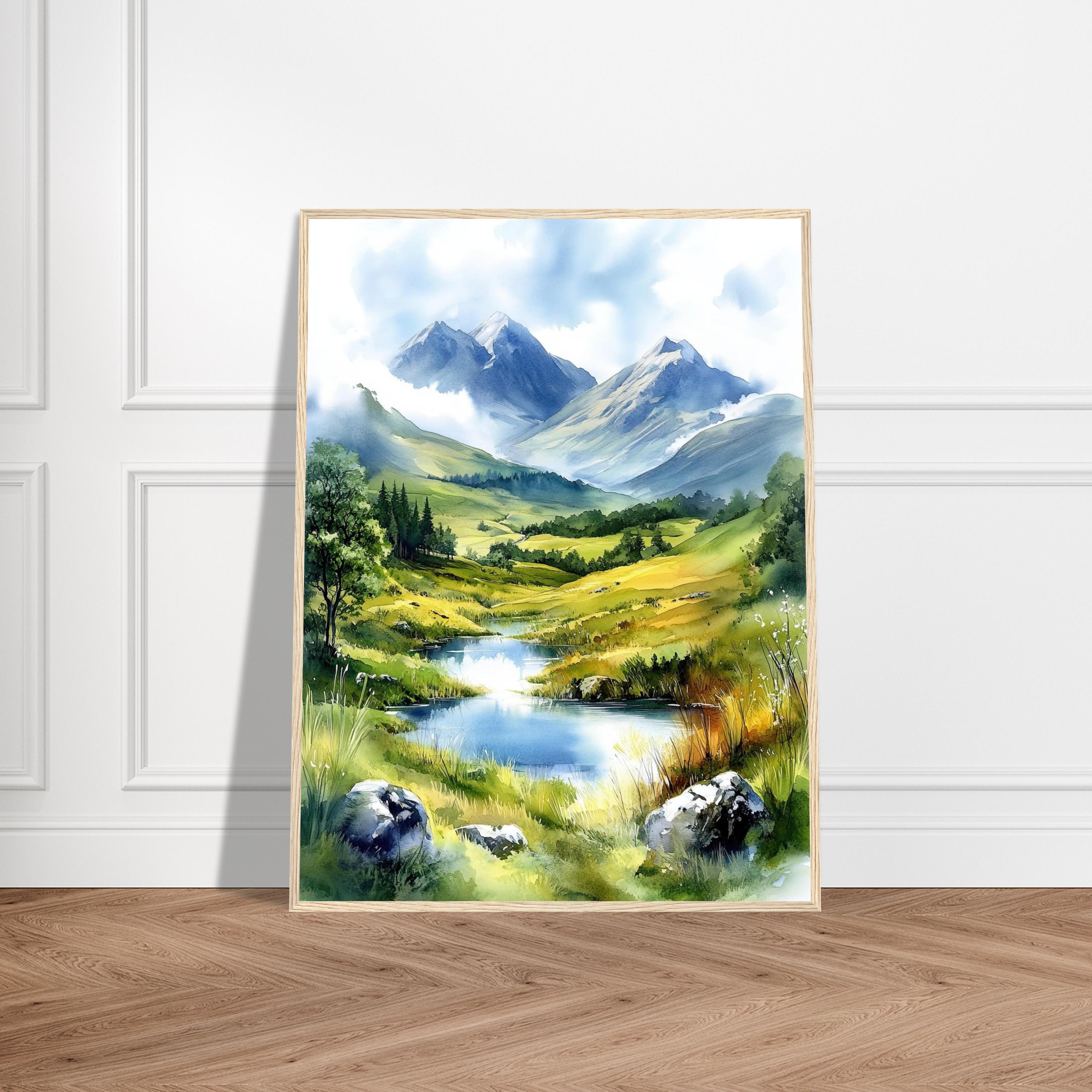 スコットランド高地の水彩画プリント：山と川の風景画 - Etsy 日本