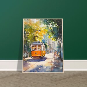 May include: A watercolor painting of a yellow tram traveling down a street lined with trees. The tram is full of passengers and is moving through a sunny, urban setting.