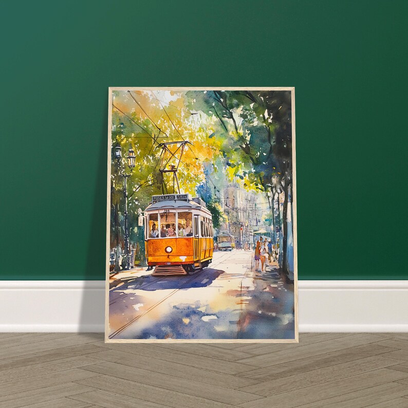 May include: A watercolor painting of a yellow tram traveling down a street lined with trees. The tram is full of passengers and is moving through a sunny, urban setting.