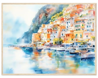 ポジターノ海岸の水彩画プリント：イタリアの海景アート、海岸沿いの村の壁掛けアート