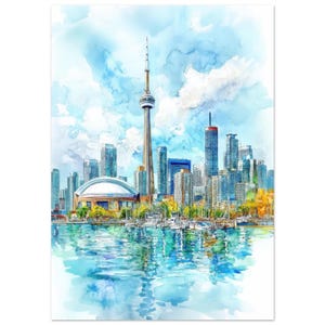 May include: Watercolor painting of the Toronto skyline, featuring the CN Tower and other skyscrapers. The image shows a waterfront view with boats and reflections in the water, under a blue sky with clouds.