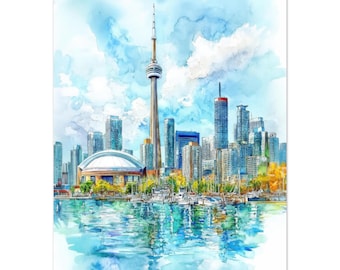 Toronto Skyline Watercolor Print: CN Tower, Canada Cityscape Wall Art