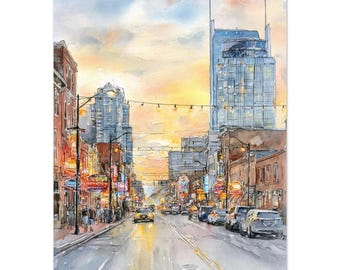 Nashville Watercolor Painting Print: Broadway Street Wall Art Tennessee Cityscape Canvas by NataliaAyuArt